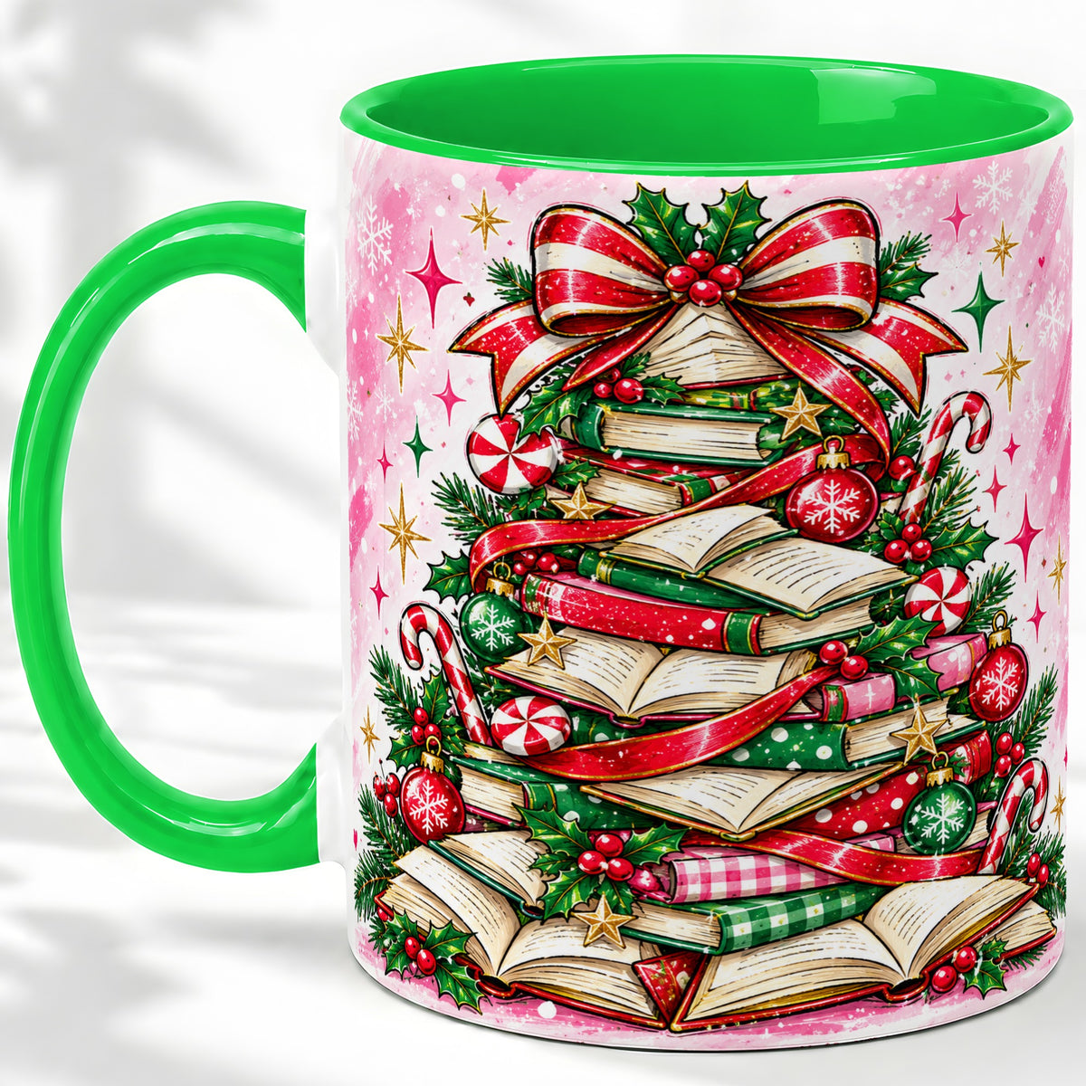 #pl[11oz|Green] Pink Christmas Book Tree Accent Mug, Ceramic Coffee Cup for Readers