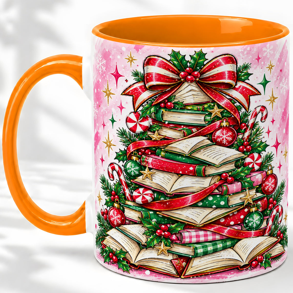 #pl[11oz|Orange] Pink Christmas Book Tree Accent Mug, Ceramic Coffee Cup for Readers