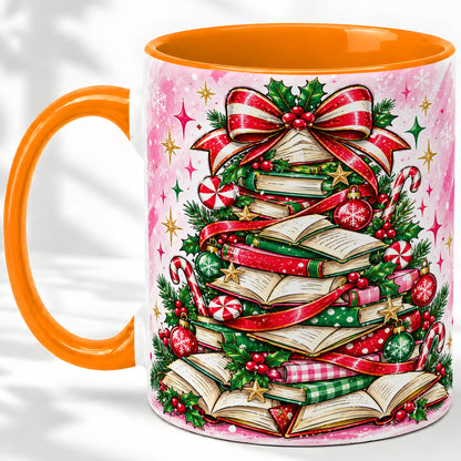 #pl[11oz|Orange] Pink Christmas Book Tree Accent Mug, Ceramic Coffee Cup for Readers