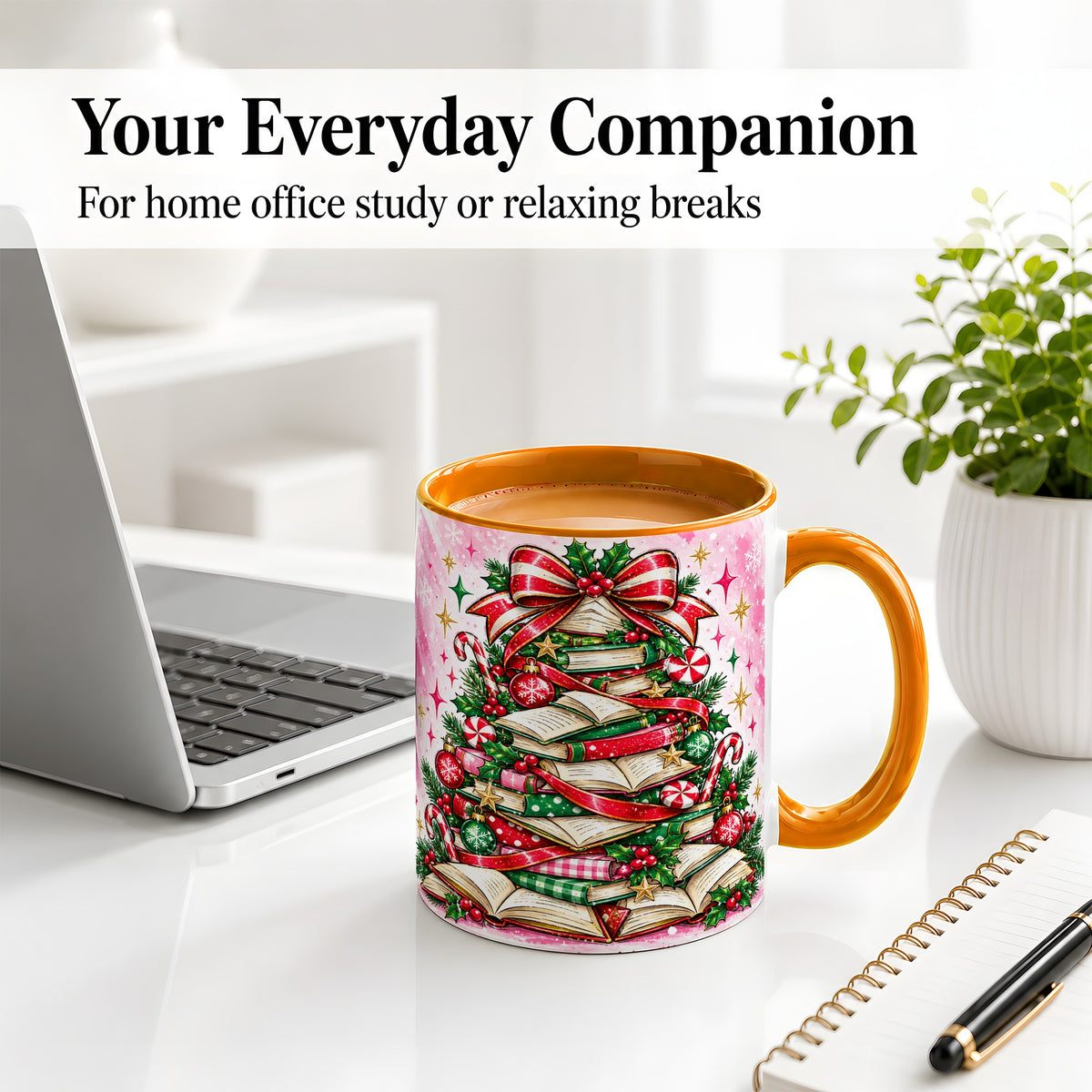 #pl[11oz|Orange] Pink Christmas Book Tree Accent Mug, Ceramic Coffee Cup for Readers