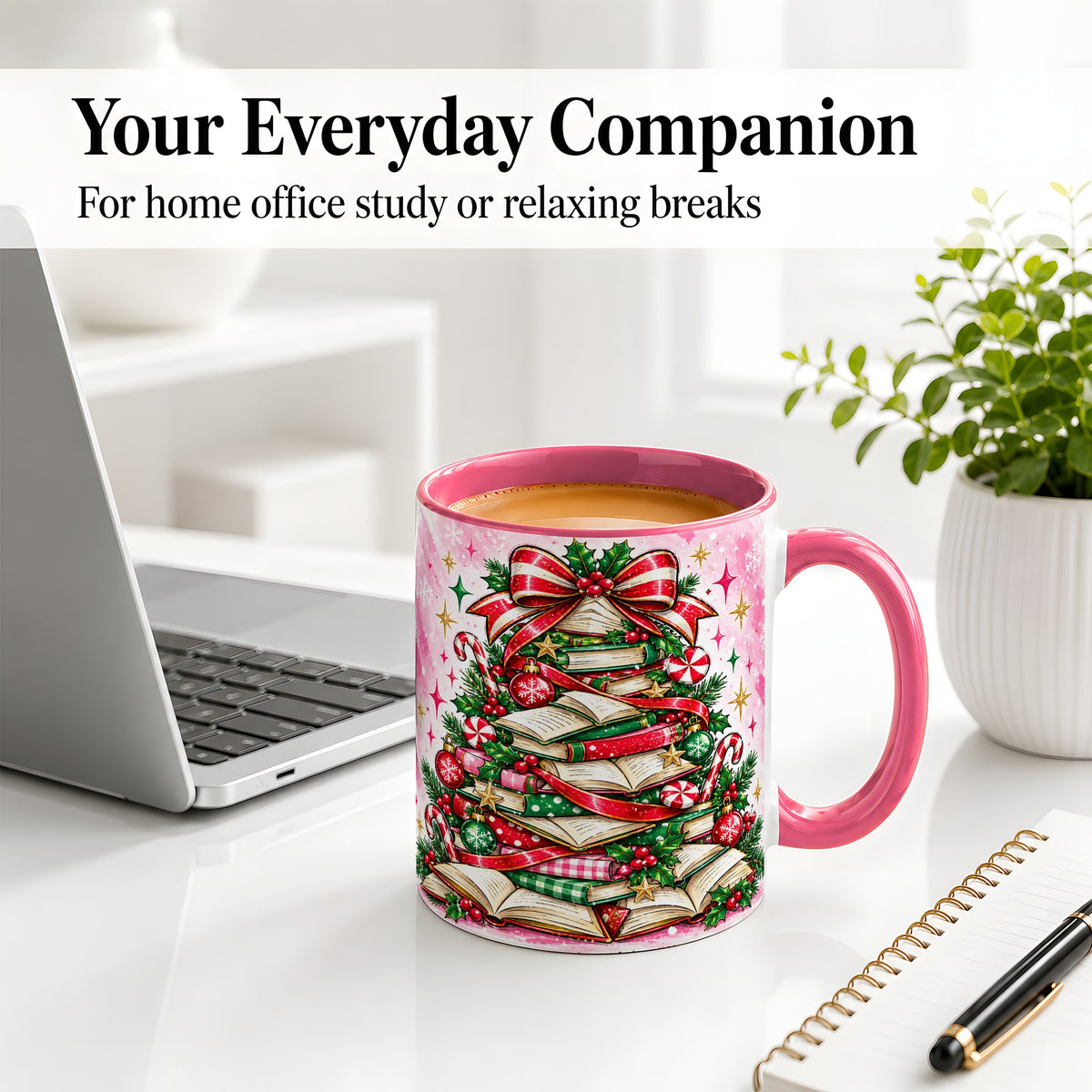 #pl[11oz|Pink] Pink Christmas Book Tree Accent Mug, Ceramic Coffee Cup for Readers