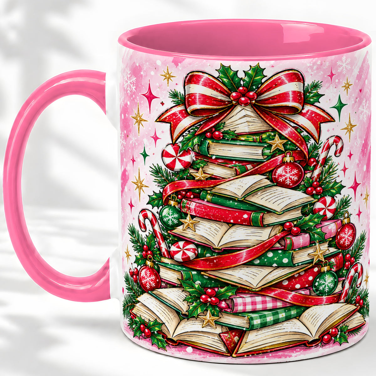 #pl[11oz|Pink] Pink Christmas Book Tree Accent Mug, Ceramic Coffee Cup for Readers