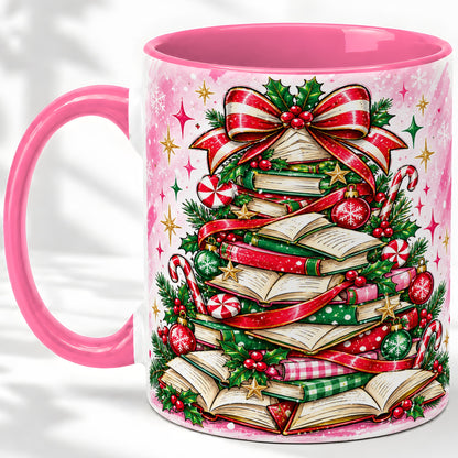 #pl[11oz|Pink] Pink Christmas Book Tree Accent Mug, Ceramic Coffee Cup for Readers