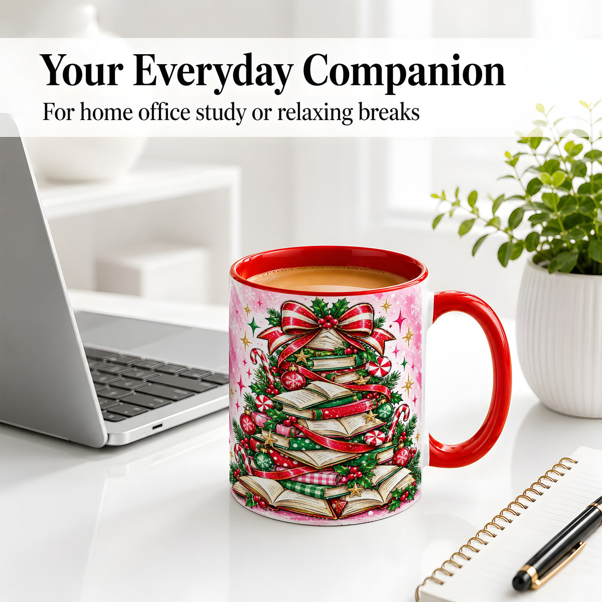 #pl[11oz|Red] Pink Christmas Book Tree Accent Mug, Ceramic Coffee Cup for Readers