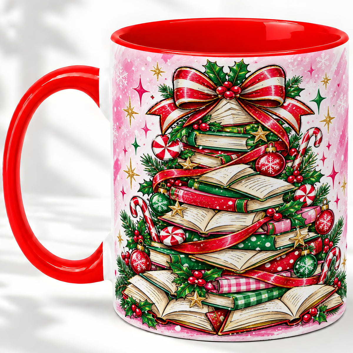 Pink Christmas Book Tree Accent Mug, Ceramic Coffee Cup for Readers