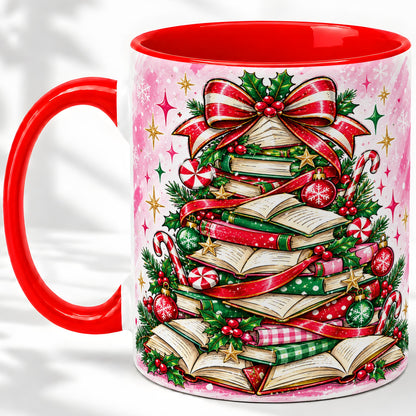 Pink Christmas Book Tree Accent Mug, Ceramic Coffee Cup for Readers