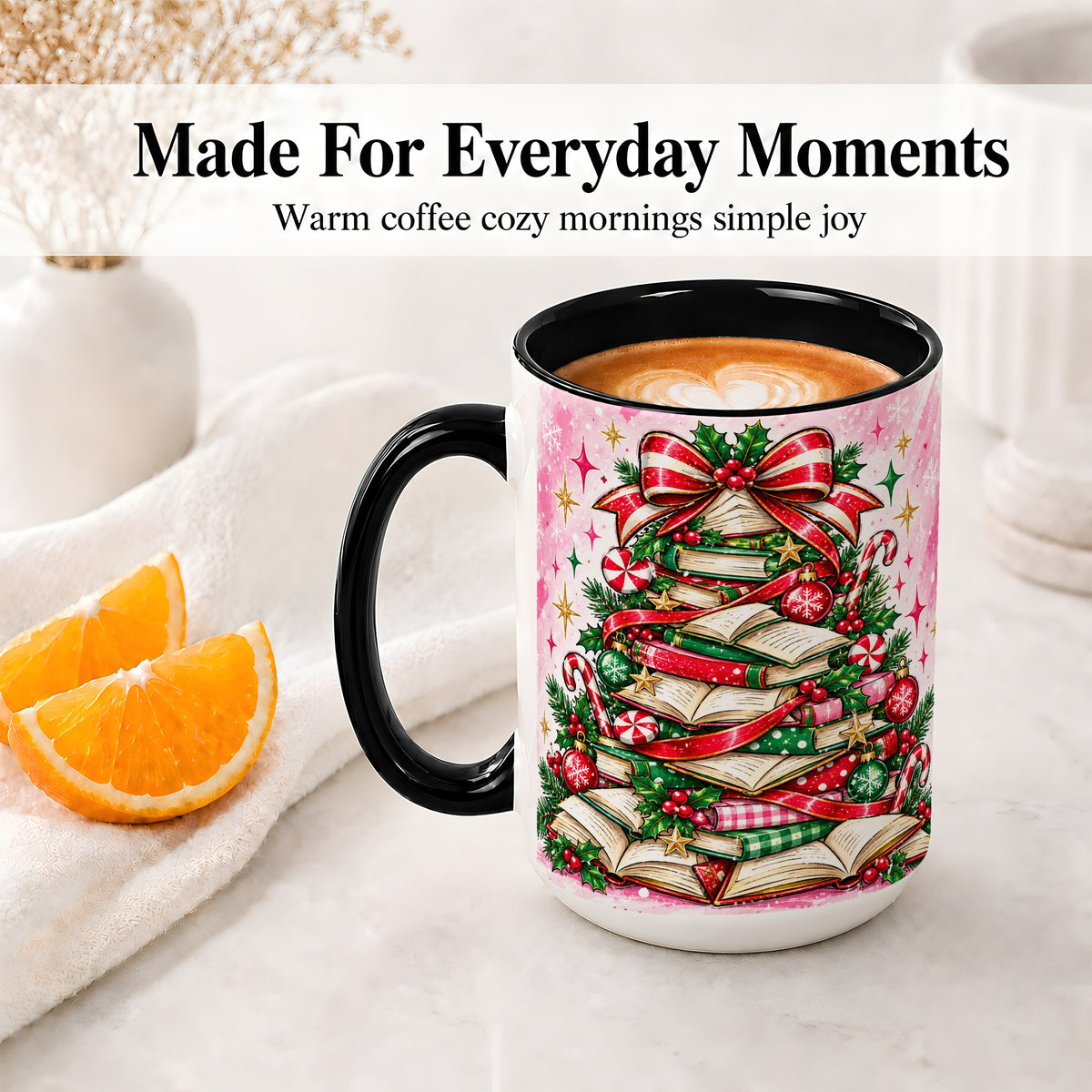 #pl[15oz|Black] Pink Christmas Book Tree Accent Mug, Ceramic Coffee Cup for Readers