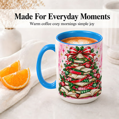 #pl[15oz|Blue] Pink Christmas Book Tree Accent Mug, Ceramic Coffee Cup for Readers
