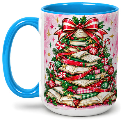 #pl[15oz|Blue] Pink Christmas Book Tree Accent Mug, Ceramic Coffee Cup for Readers