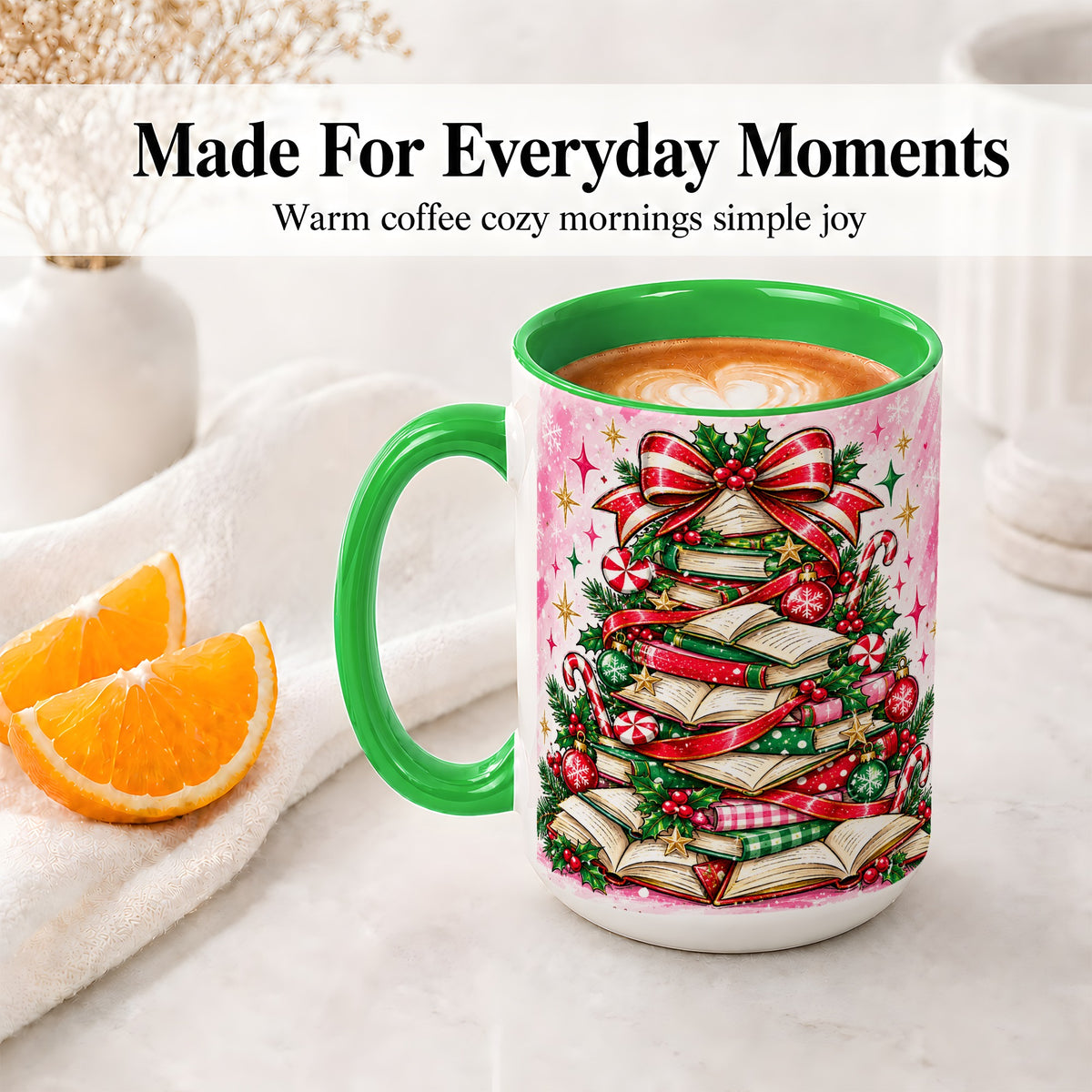 #pl[15oz|Green] Pink Christmas Book Tree Accent Mug, Ceramic Coffee Cup for Readers