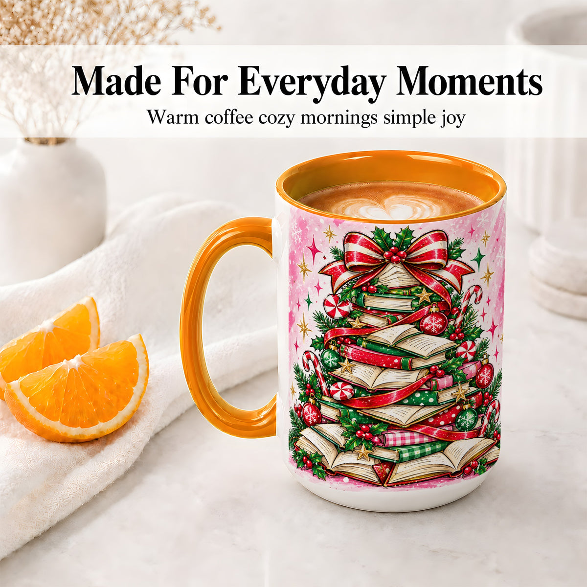 #pl[15oz|Orange] Pink Christmas Book Tree Accent Mug, Ceramic Coffee Cup for Readers