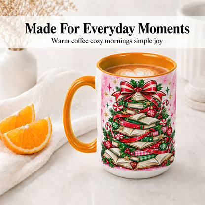 #pl[15oz|Orange] Pink Christmas Book Tree Accent Mug, Ceramic Coffee Cup for Readers