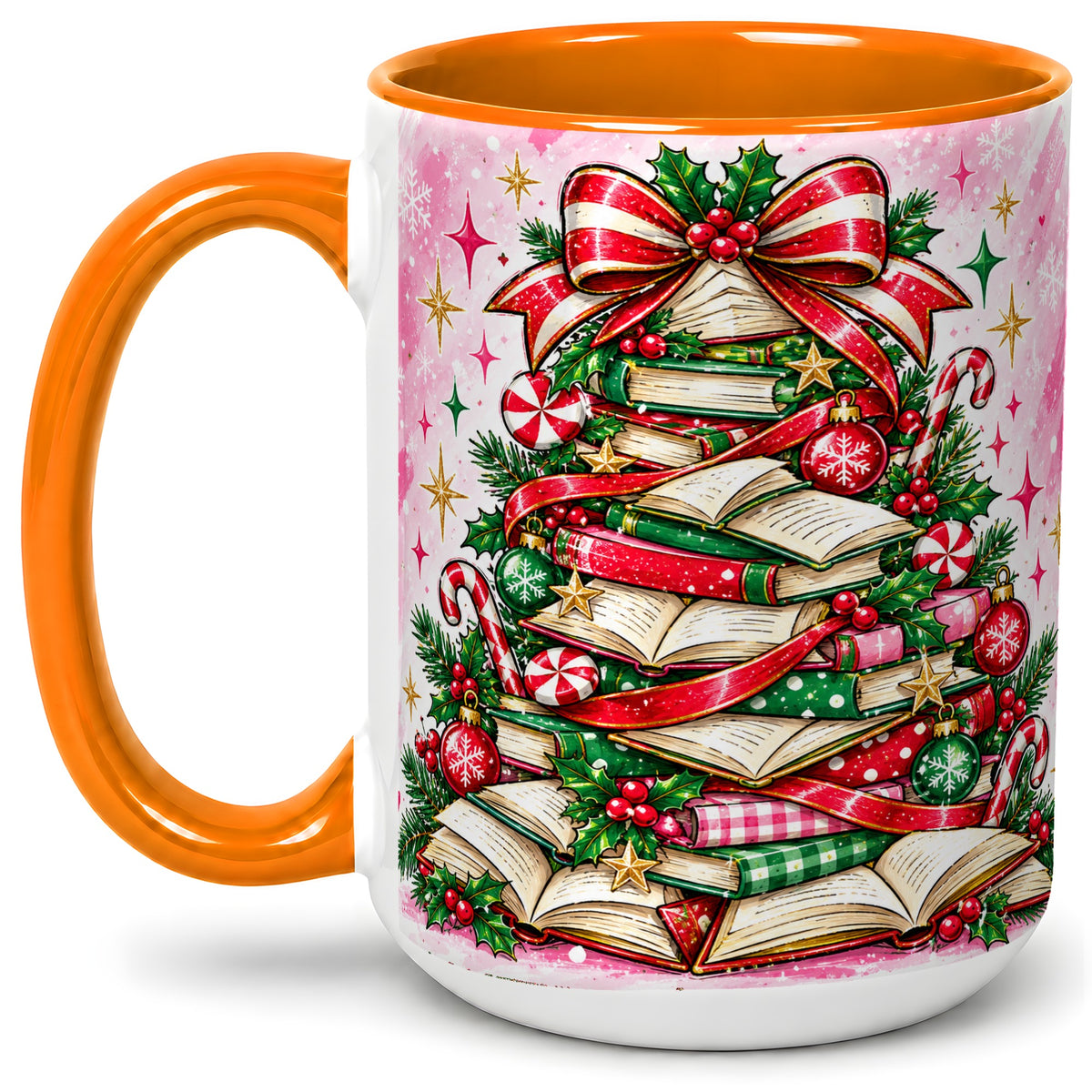 #pl[15oz|Orange] Pink Christmas Book Tree Accent Mug, Ceramic Coffee Cup for Readers