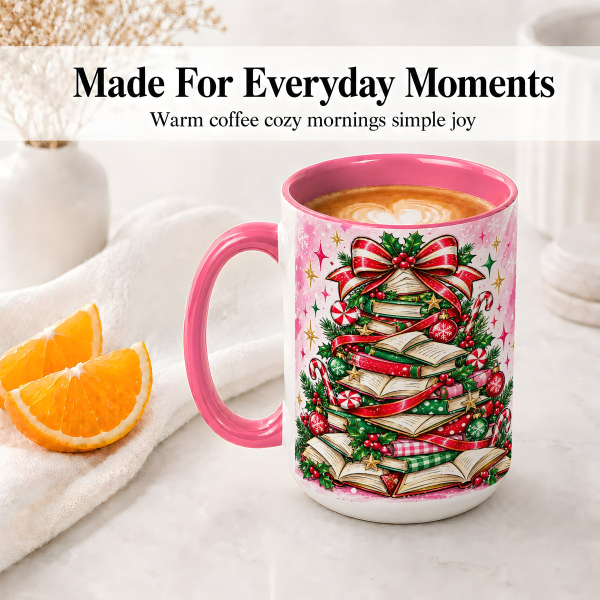 #pl[15oz|Pink] Pink Christmas Book Tree Accent Mug, Ceramic Coffee Cup for Readers