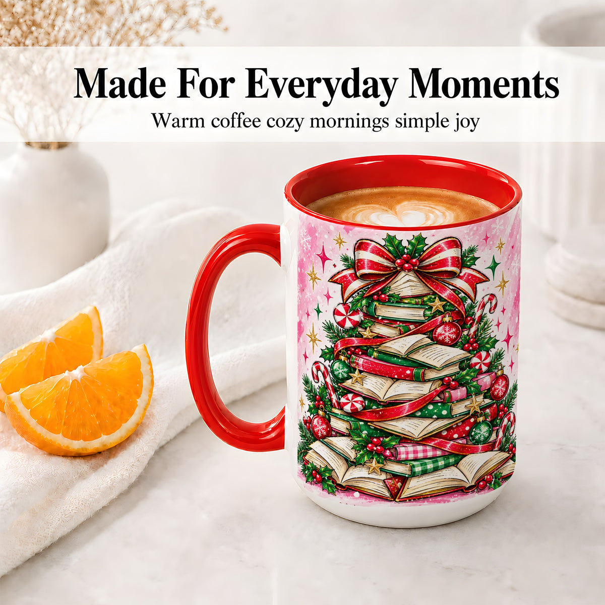 #pl[15oz|Red] Pink Christmas Book Tree Accent Mug, Ceramic Coffee Cup for Readers