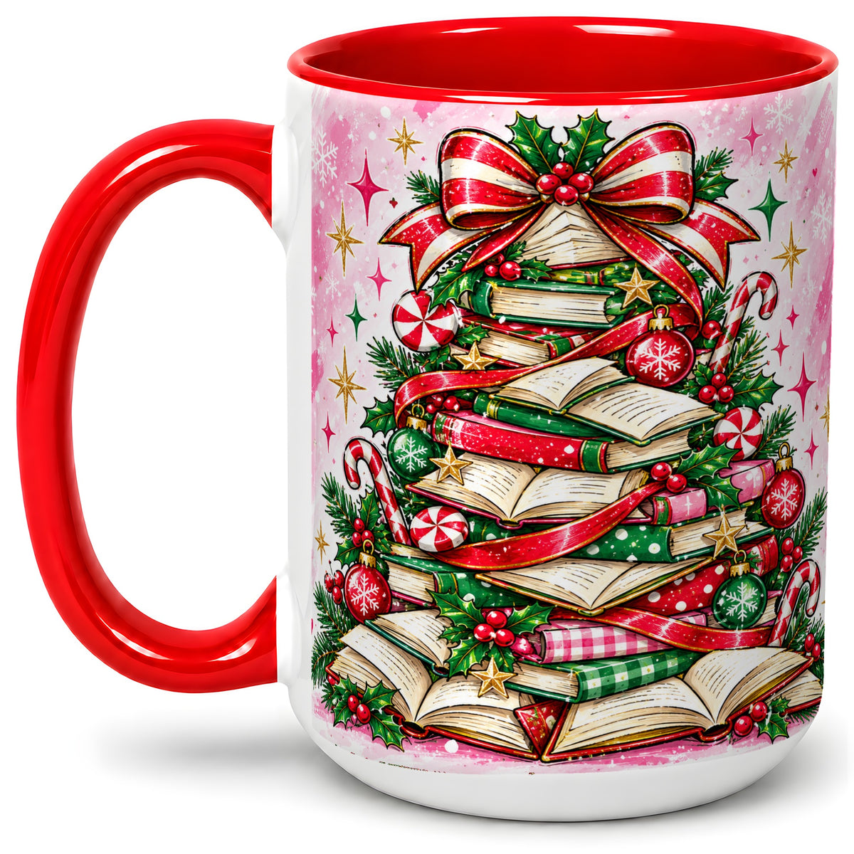 #pl[15oz|Red] Pink Christmas Book Tree Accent Mug, Ceramic Coffee Cup for Readers