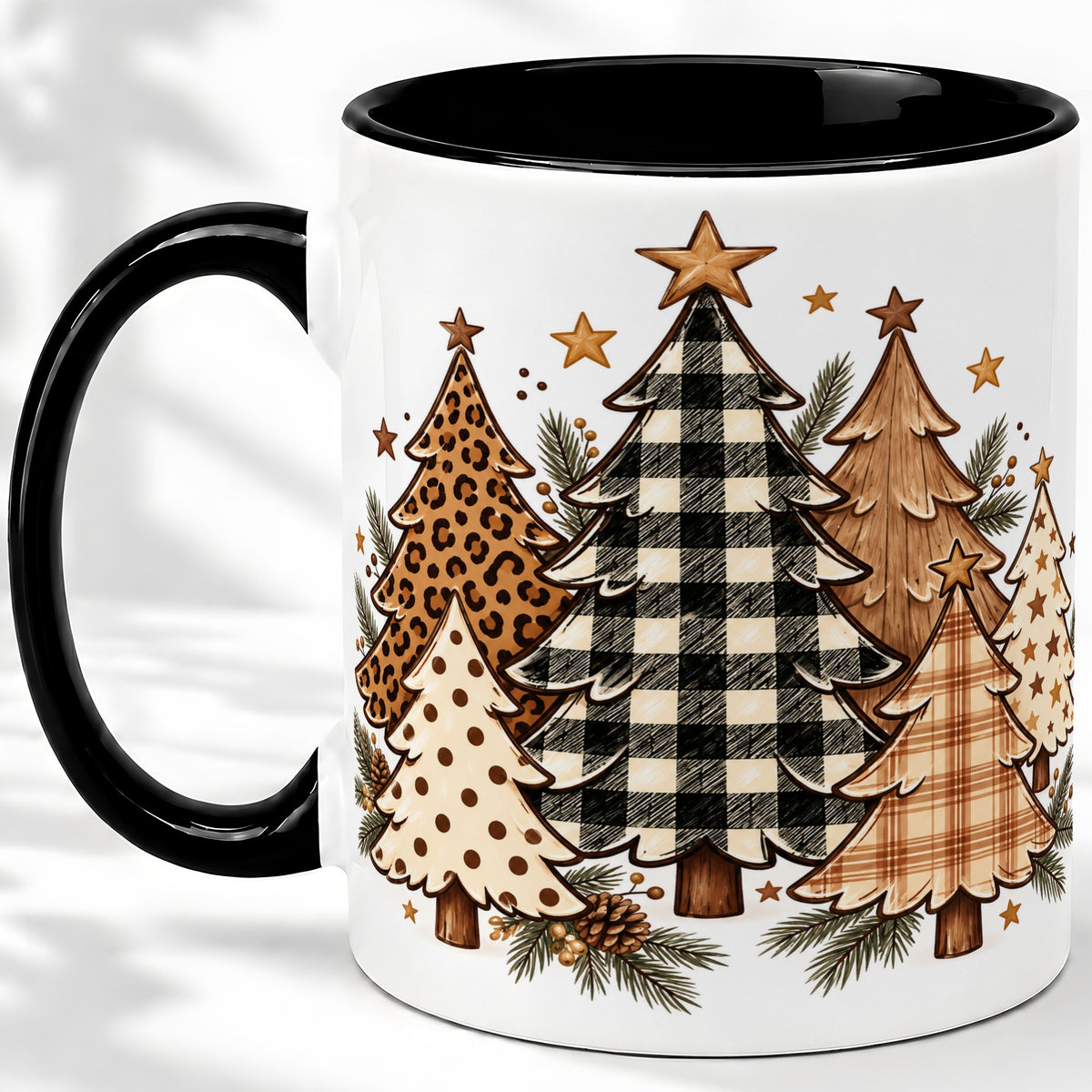 #pl[11oz|Black] Patterned Christmas Trees Accent Mug, Ceramic Cup with Leopard Art
