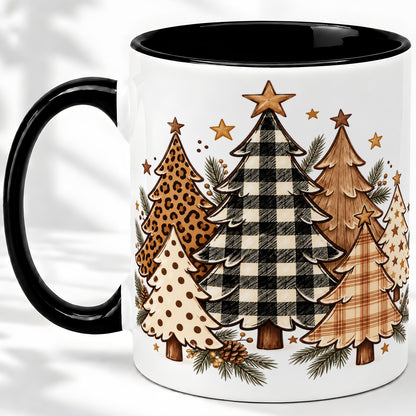 #pl[11oz|Black] Patterned Christmas Trees Accent Mug, Ceramic Cup with Leopard Art