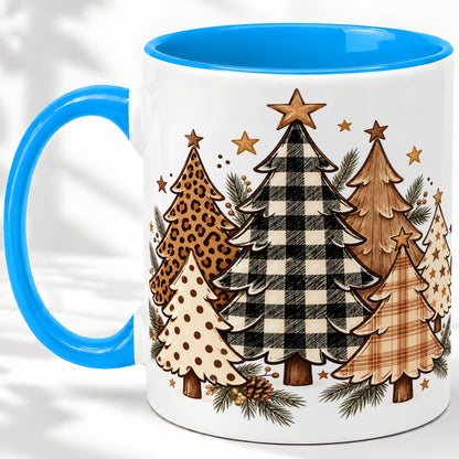 #pl[11oz|Blue] Patterned Christmas Trees Accent Mug, Ceramic Cup with Leopard Art