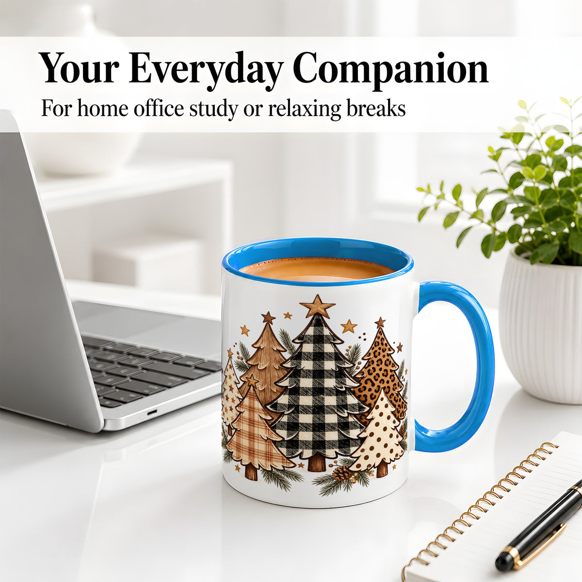 #pl[11oz|Blue] Patterned Christmas Trees Accent Mug, Ceramic Cup with Leopard Art