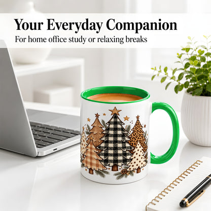 #pl[11oz|Green] Patterned Christmas Trees Accent Mug, Ceramic Cup with Leopard Art