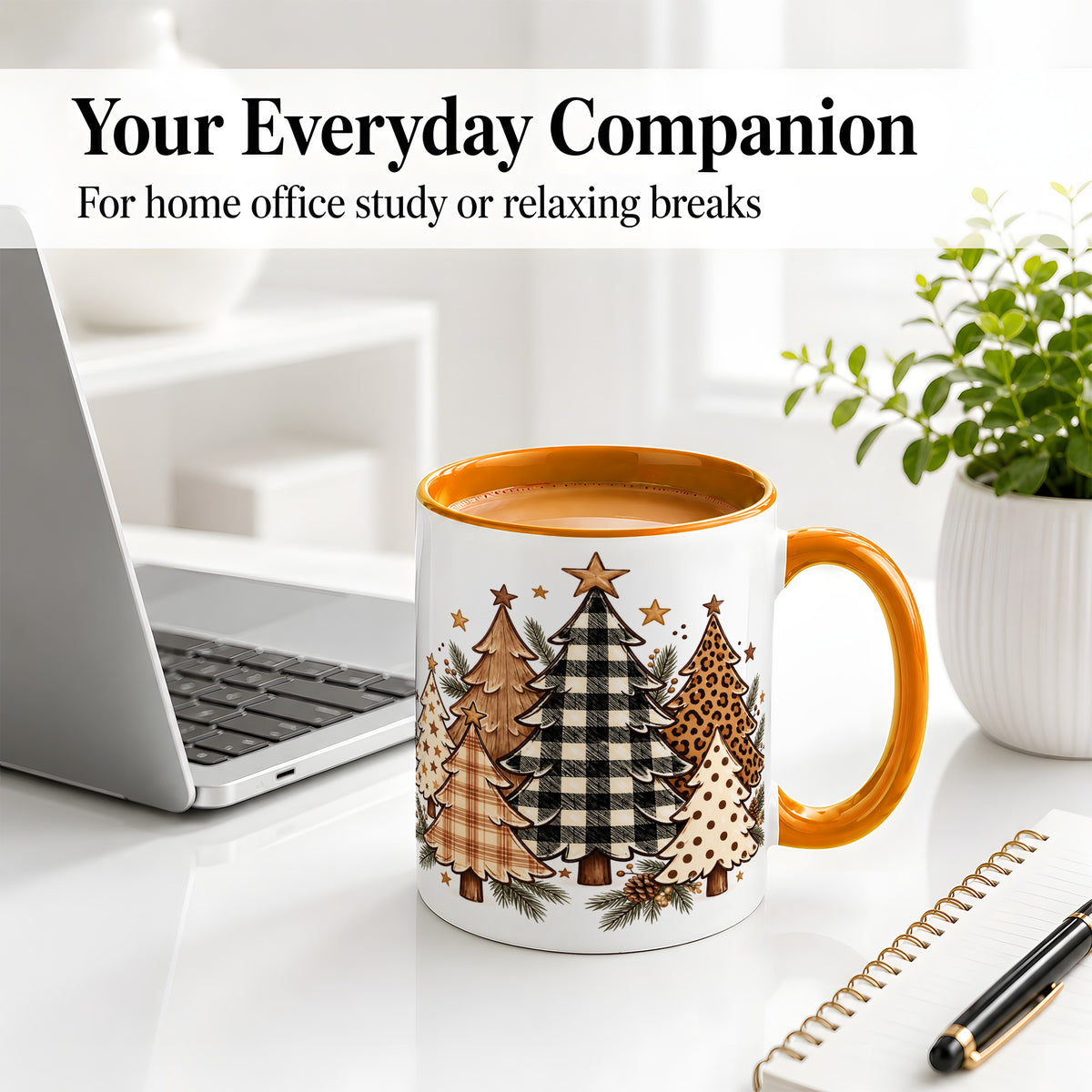 #pl[11oz|Orange] Patterned Christmas Trees Accent Mug, Ceramic Cup with Leopard Art