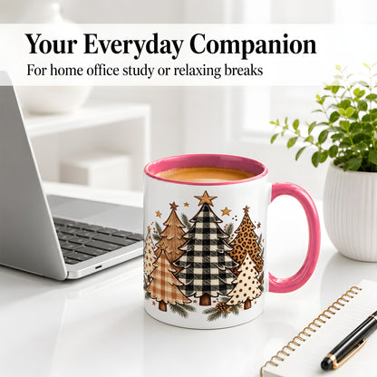 #pl[11oz|Pink] Patterned Christmas Trees Accent Mug, Ceramic Cup with Leopard Art