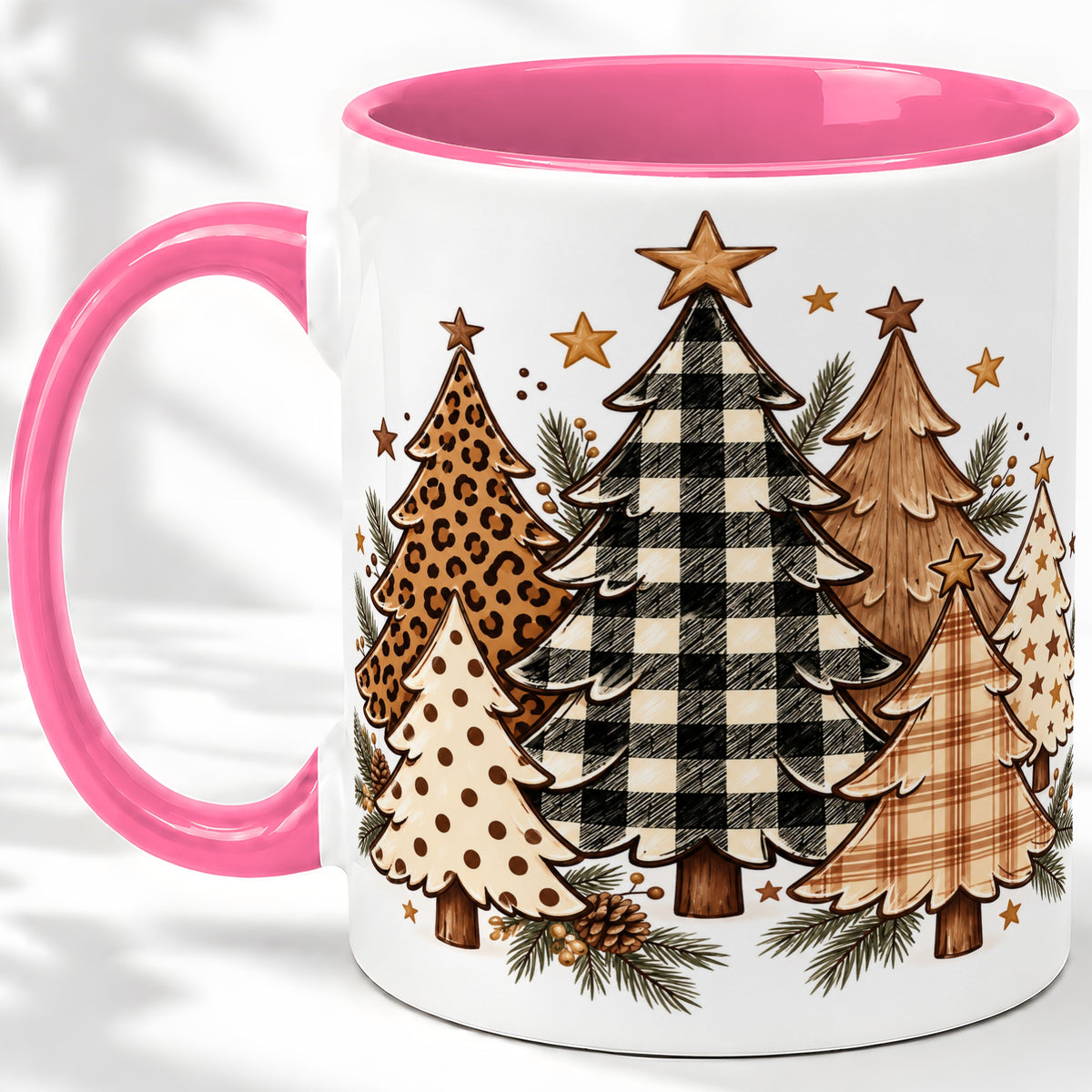 #pl[11oz|Pink] Patterned Christmas Trees Accent Mug, Ceramic Cup with Leopard Art