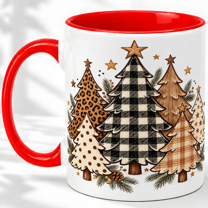 Patterned Christmas Trees Accent Mug, Ceramic Cup with Leopard Art