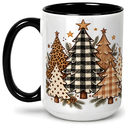 #pl[15oz|Black] Patterned Christmas Trees Accent Mug, Ceramic Cup with Leopard Art