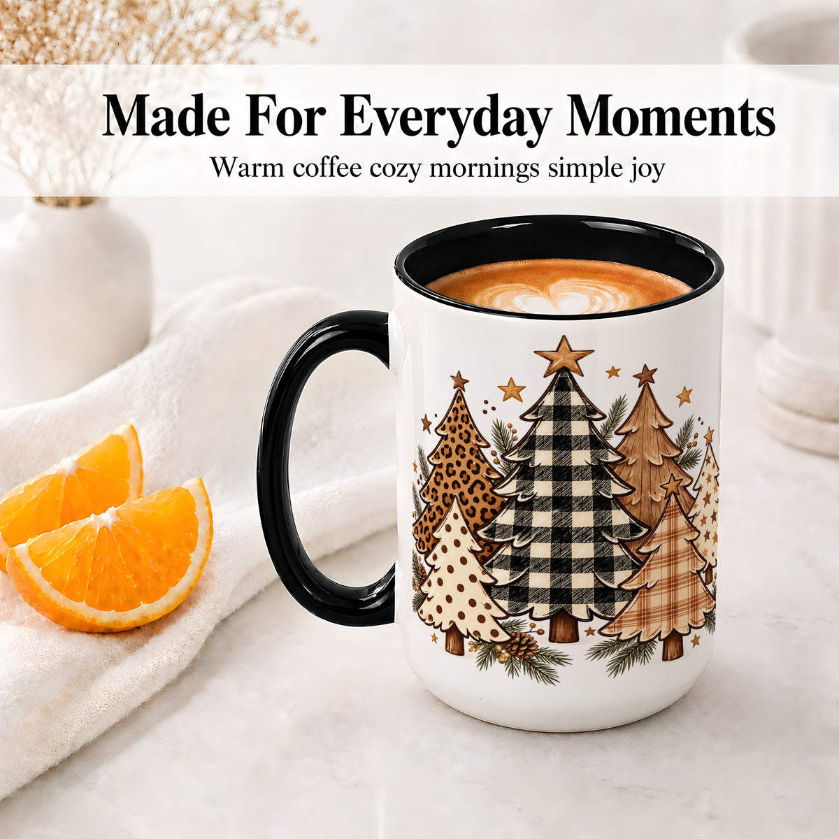 #pl[15oz|Black] Patterned Christmas Trees Accent Mug, Ceramic Cup with Leopard Art