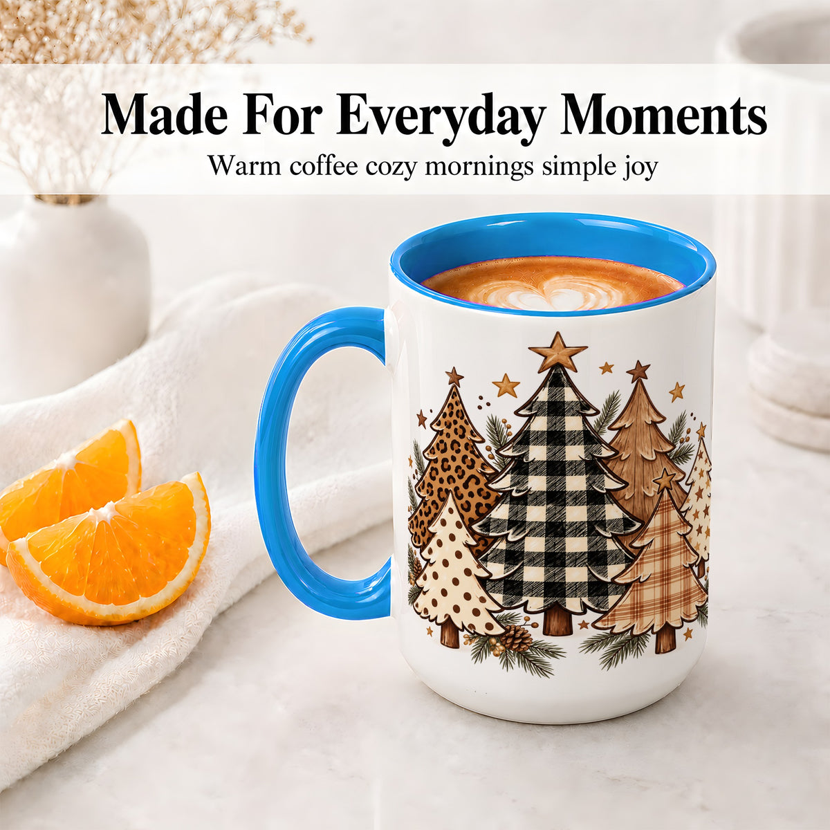#pl[15oz|Blue] Patterned Christmas Trees Accent Mug, Ceramic Cup with Leopard Art