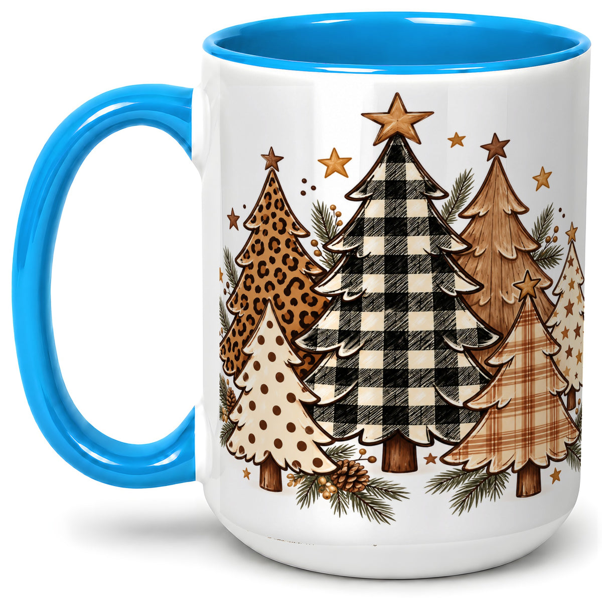 #pl[15oz|Blue] Patterned Christmas Trees Accent Mug, Ceramic Cup with Leopard Art