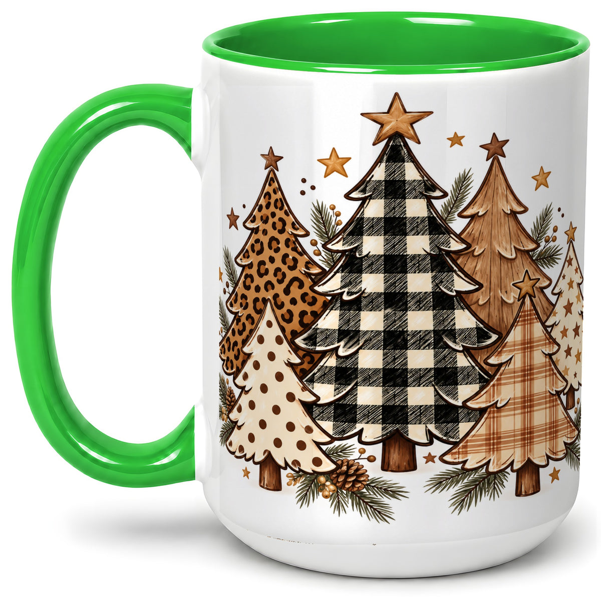 #pl[15oz|Green] Patterned Christmas Trees Accent Mug, Ceramic Cup with Leopard Art