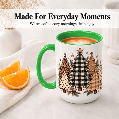 #pl[15oz|Green] Patterned Christmas Trees Accent Mug, Ceramic Cup with Leopard Art