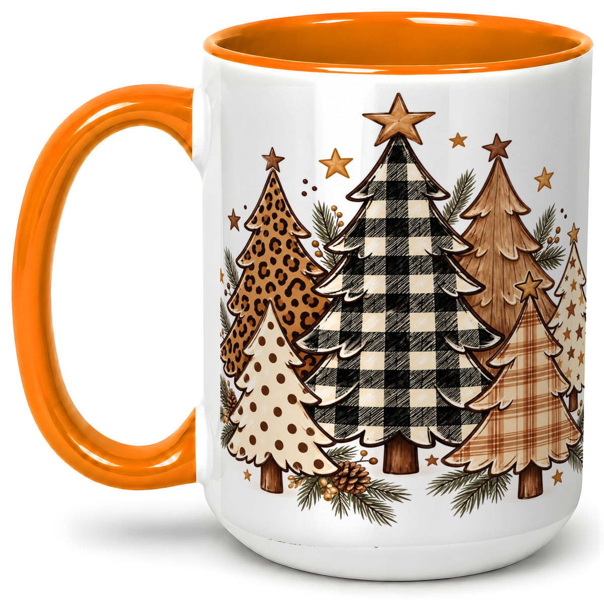 #pl[15oz|Orange] Patterned Christmas Trees Accent Mug, Ceramic Cup with Leopard Art