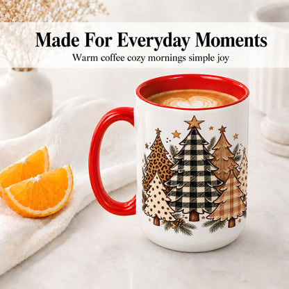 #pl[15oz|Red] Patterned Christmas Trees Accent Mug, Ceramic Cup with Leopard Art