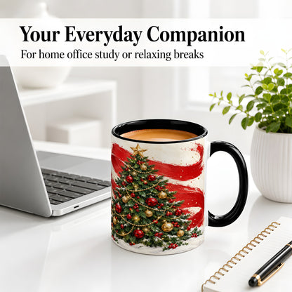 #pl[11oz|Black] Classic Christmas Tree Accent Mug, Ceramic Cup with Red Gold Art