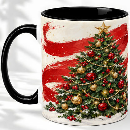 #pl[11oz|Black] Classic Christmas Tree Accent Mug, Ceramic Cup with Red Gold Art