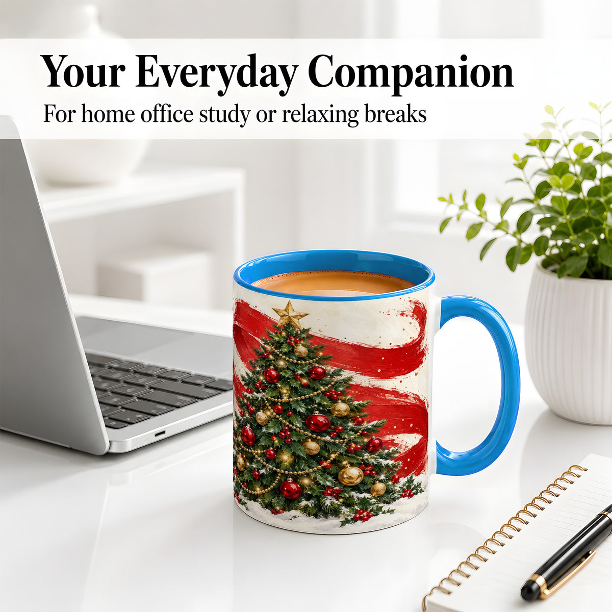 #pl[11oz|Blue] Classic Christmas Tree Accent Mug, Ceramic Cup with Red Gold Art