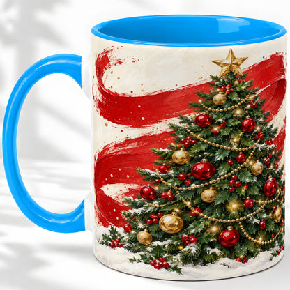 #pl[11oz|Blue] Classic Christmas Tree Accent Mug, Ceramic Cup with Red Gold Art