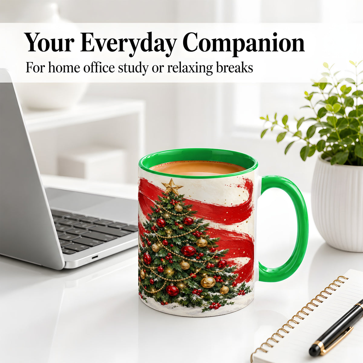#pl[11oz|Green] Classic Christmas Tree Accent Mug, Ceramic Cup with Red Gold Art