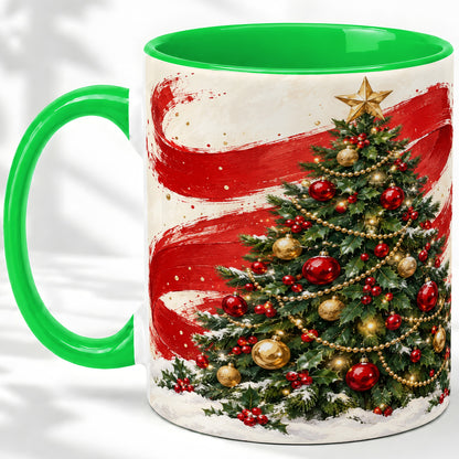 #pl[11oz|Green] Classic Christmas Tree Accent Mug, Ceramic Cup with Red Gold Art