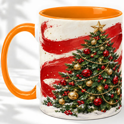 #pl[11oz|Orange] Classic Christmas Tree Accent Mug, Ceramic Cup with Red Gold Art