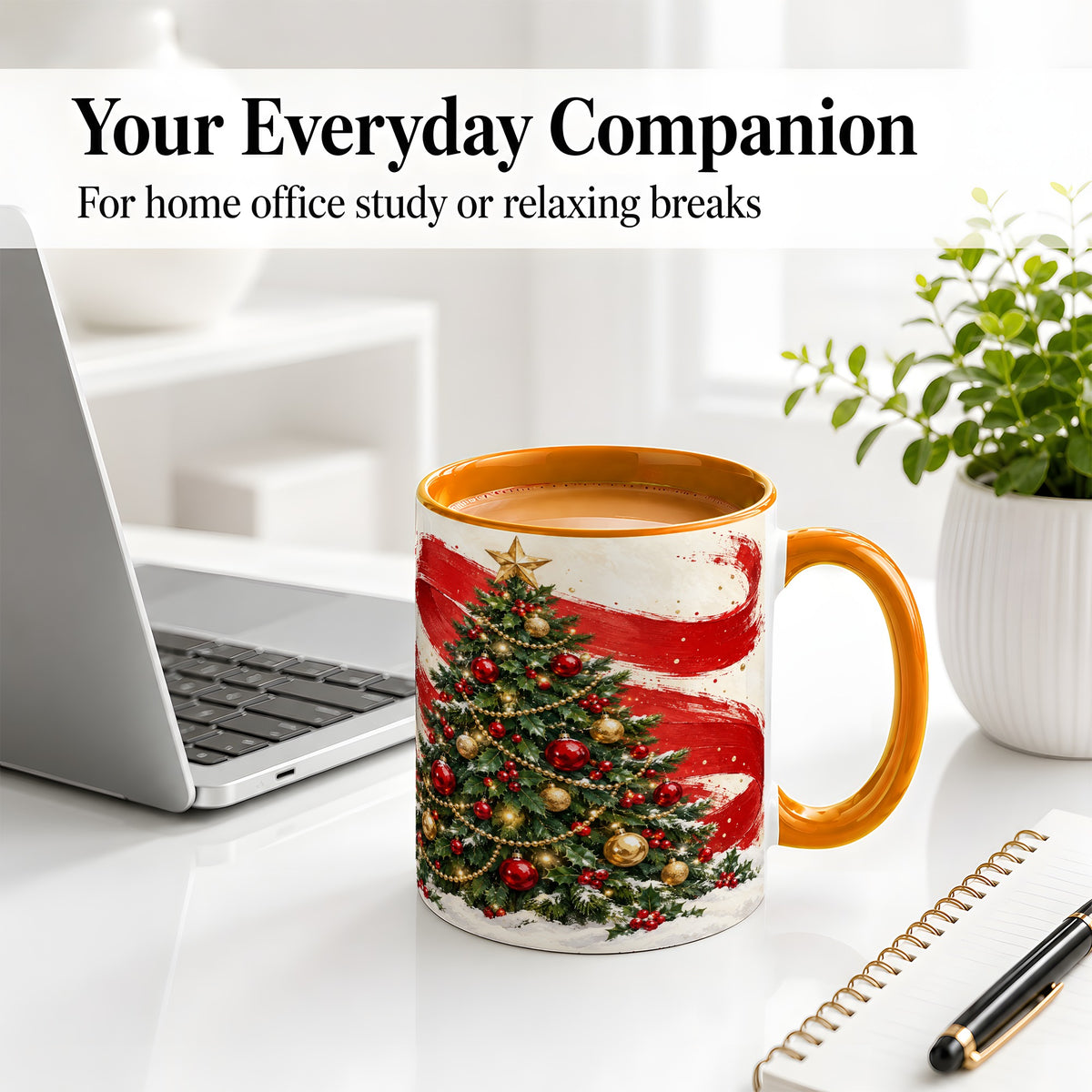 #pl[11oz|Orange] Classic Christmas Tree Accent Mug, Ceramic Cup with Red Gold Art