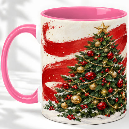 #pl[11oz|Pink] Classic Christmas Tree Accent Mug, Ceramic Cup with Red Gold Art