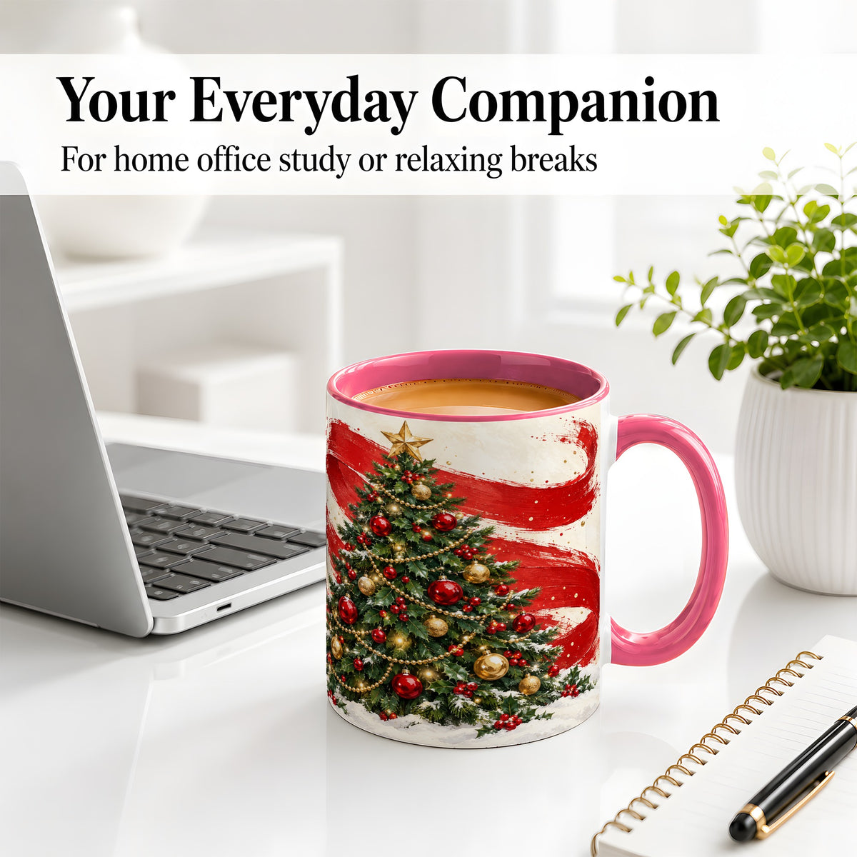 #pl[11oz|Pink] Classic Christmas Tree Accent Mug, Ceramic Cup with Red Gold Art