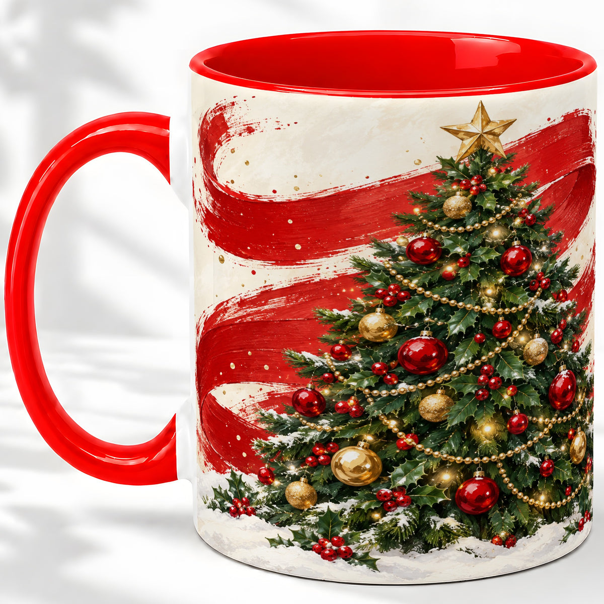 Classic Christmas Tree Accent Mug, Ceramic Cup with Red Gold Art