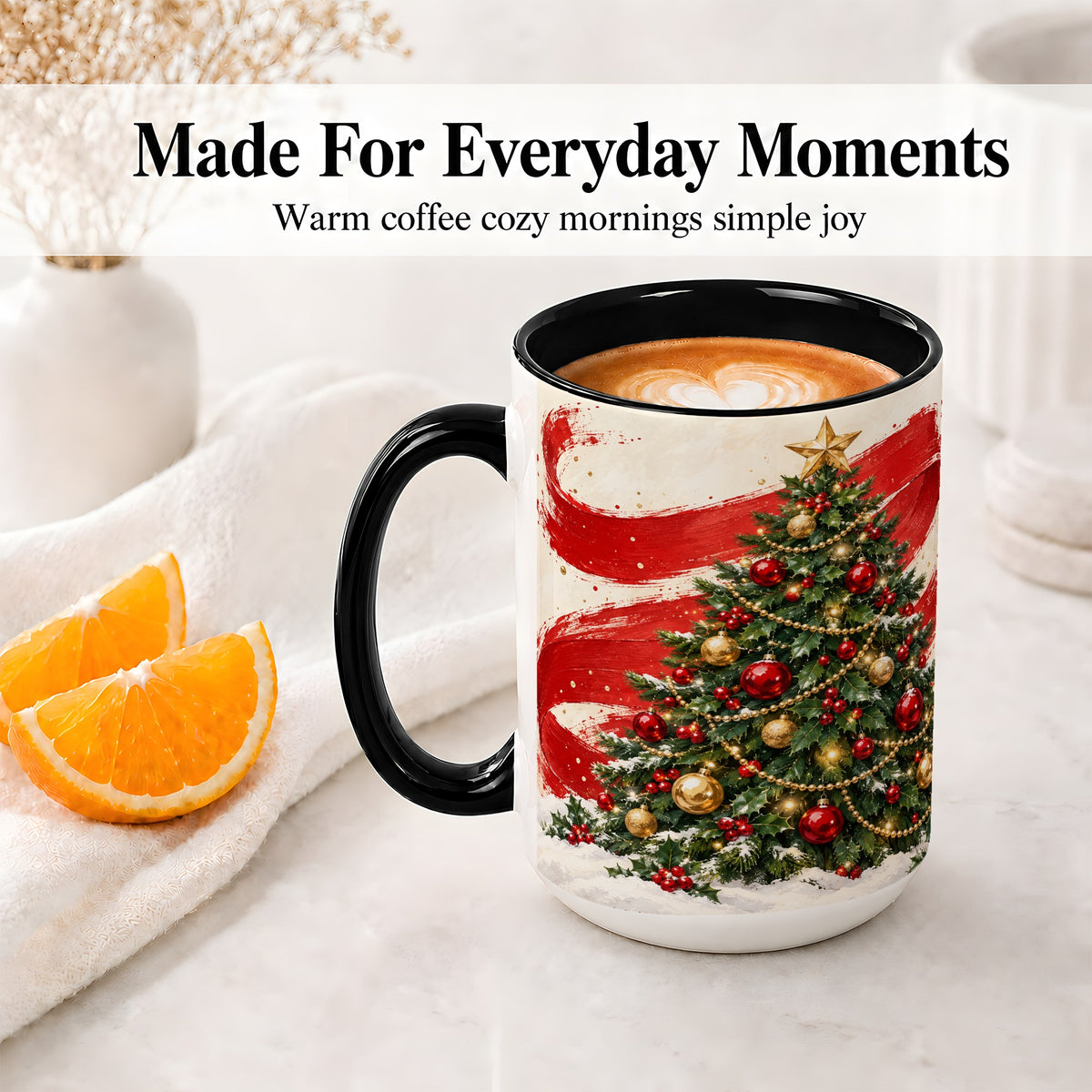 #pl[15oz|Black] Classic Christmas Tree Accent Mug, Ceramic Cup with Red Gold Art