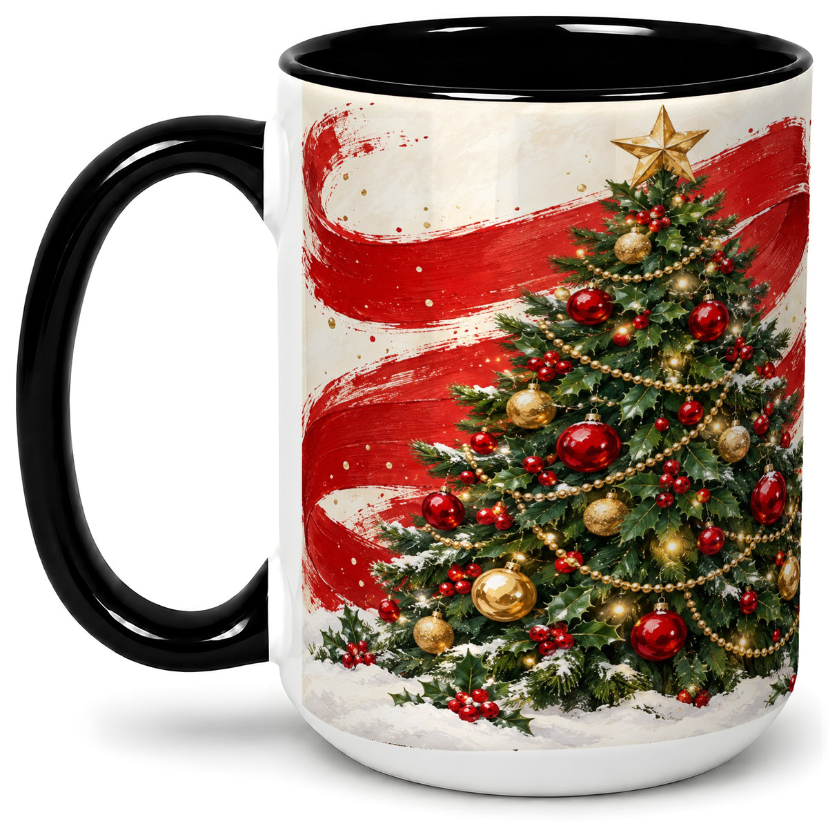 #pl[15oz|Black] Classic Christmas Tree Accent Mug, Ceramic Cup with Red Gold Art